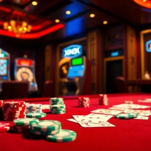 Experience the thrill of xin88's luxurious casino with vibrant gaming tables and colorful poker chips.