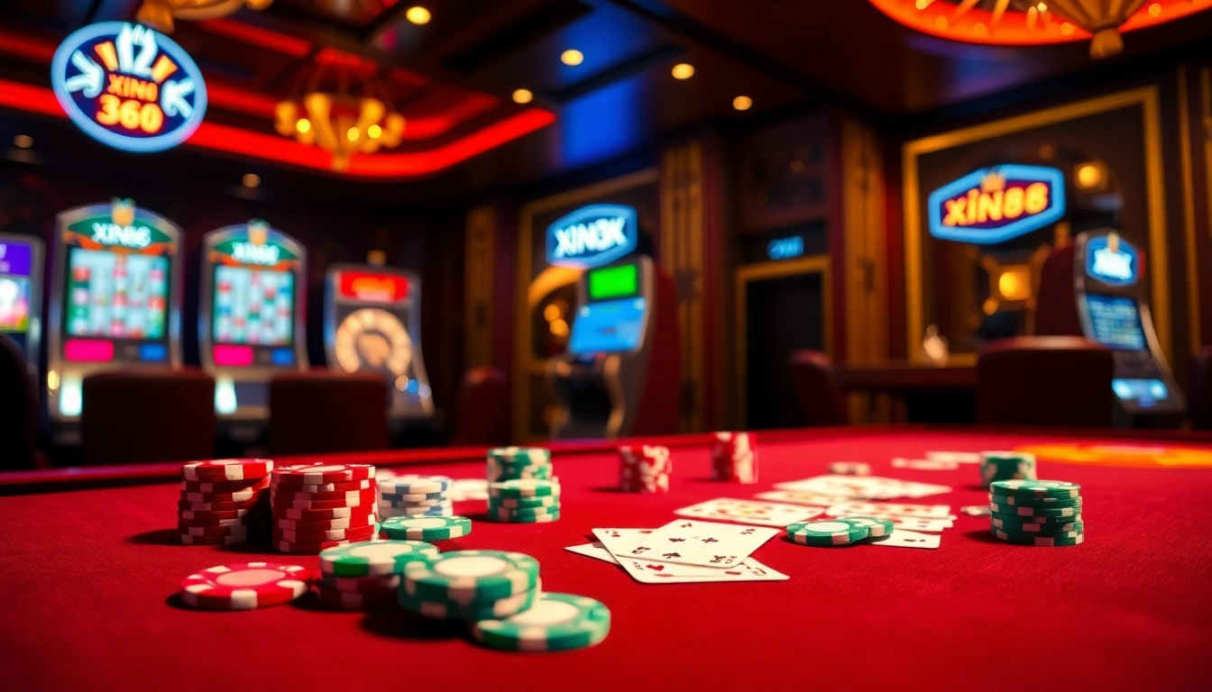 Experience the thrill of xin88's luxurious casino with vibrant gaming tables and colorful poker chips.