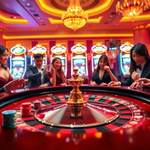 Players enjoying a thrilling game of roulette at fly88fly.com's luxurious casino setup.