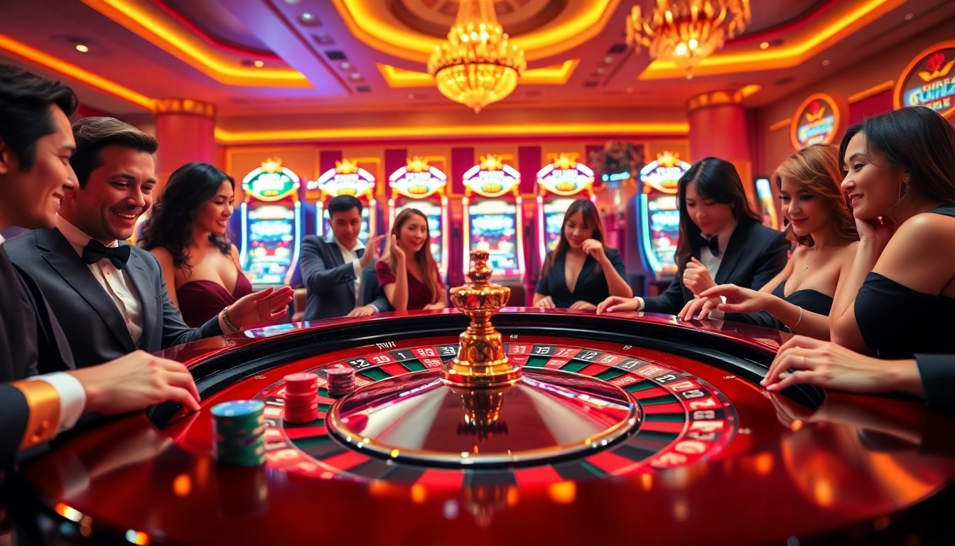 Players enjoying a thrilling game of roulette at fly88fly.com's luxurious casino setup.