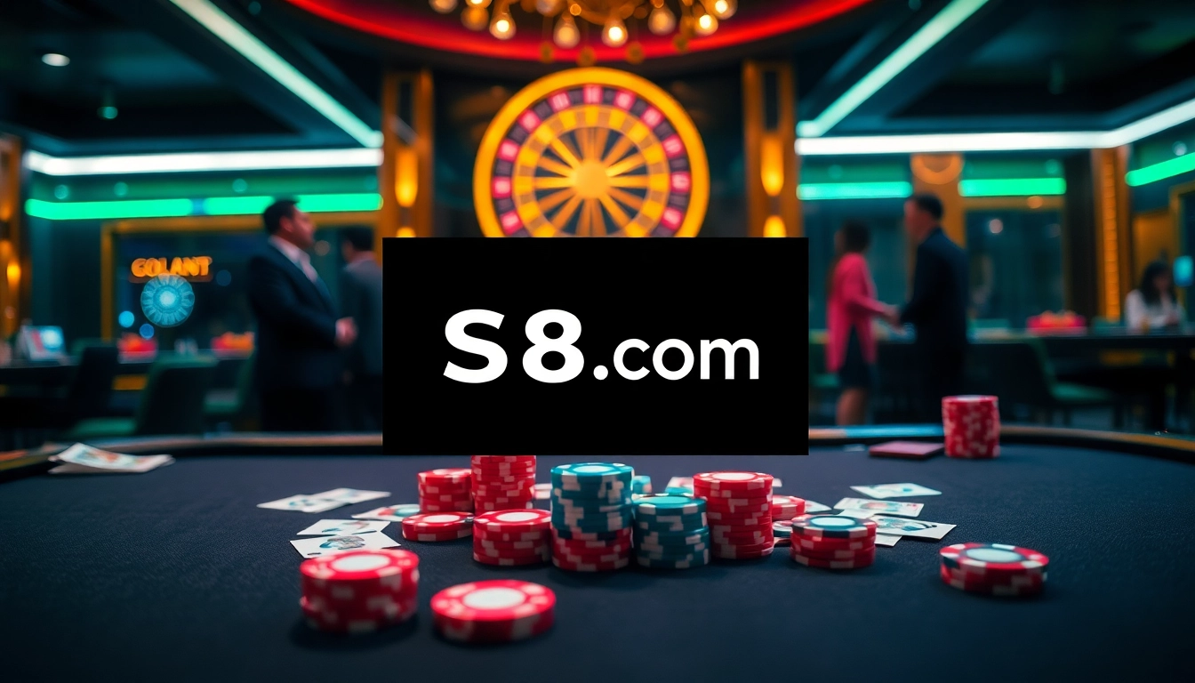 Experience thrilling gameplay at S8.com with a luxurious casino scene showcasing poker and roulette.