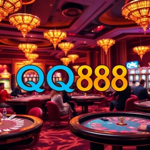 Players enjoying poker and roulette at a luxurious QQ88 casino, surrounded by vibrant lights and betting excitement.