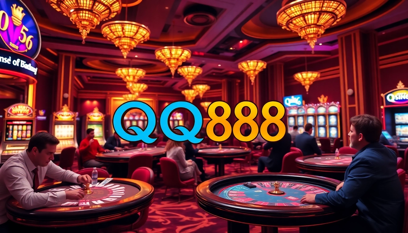 Players enjoying poker and roulette at a luxurious QQ88 casino, surrounded by vibrant lights and betting excitement.