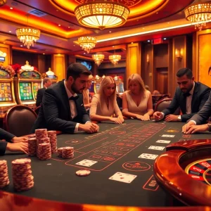 Engaged players at a luxurious topclub casino table, featuring polished wood and vibrant colors.