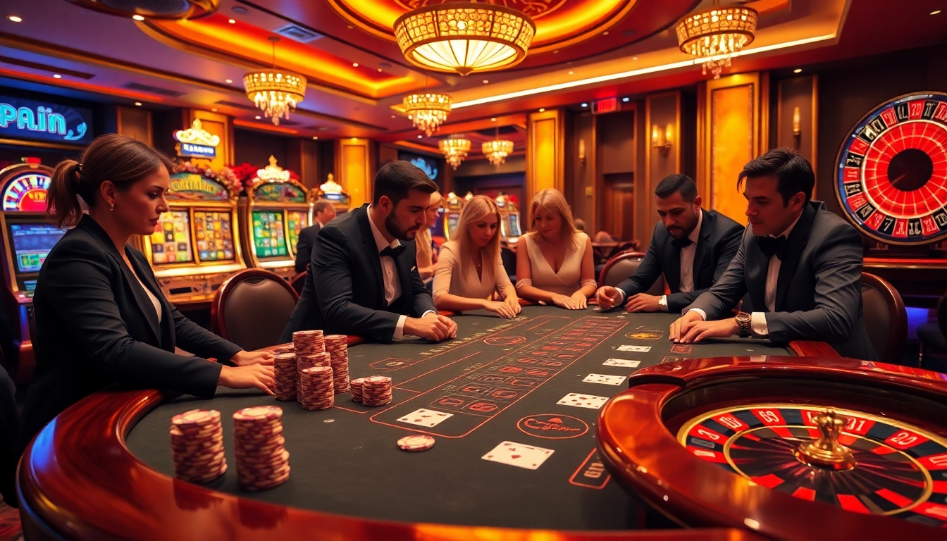 Engaged players at a luxurious topclub casino table, featuring polished wood and vibrant colors.
