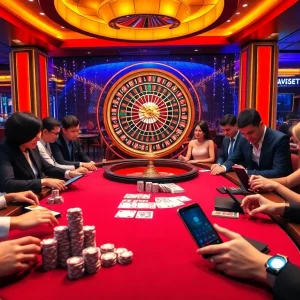 Players enjoying an exciting game at BJ88's casino table with vibrant poker chips.