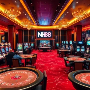 Excited players enjoying gaming at the NH88 casino hall with vibrant slot machines and tables.