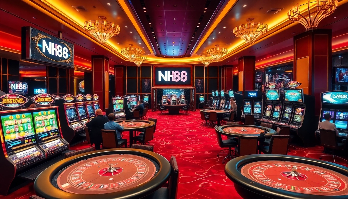 Excited players enjoying gaming at the NH88 casino hall with vibrant slot machines and tables.