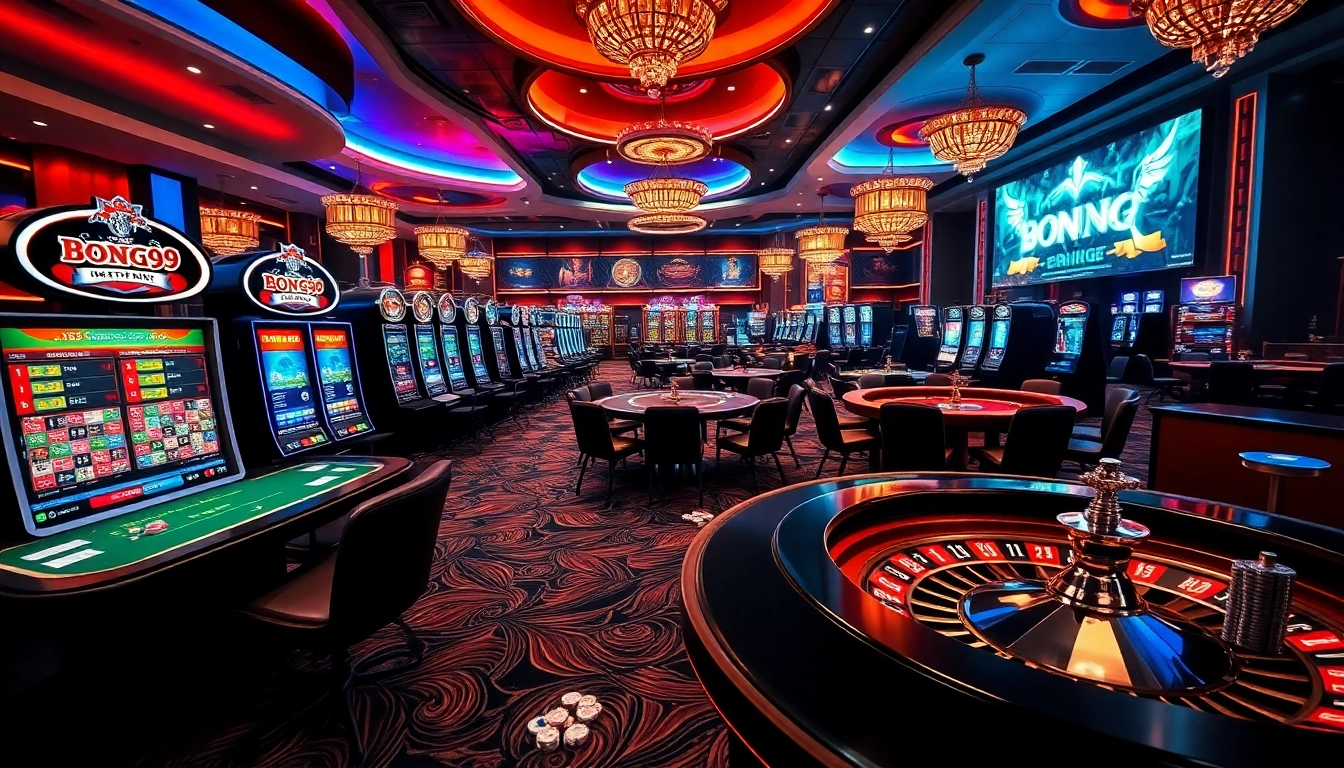 Bong99 players enjoying exciting slot machines and poker tables in a luxurious online casino.