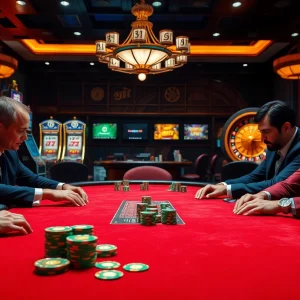 A thrilling poker game scene showcasing players at https://zx88.live/ with luxury chips and cards.