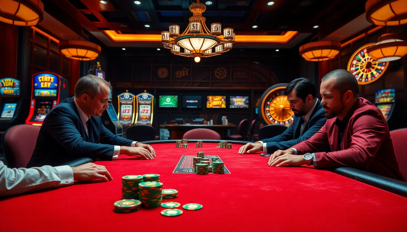 A thrilling poker game scene showcasing players at https://zx88.live/ with luxury chips and cards.