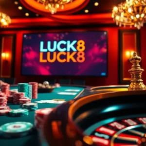 LUCK8 offers thrilling casino action with poker chips and a roulette wheel in a vibrant atmosphere.