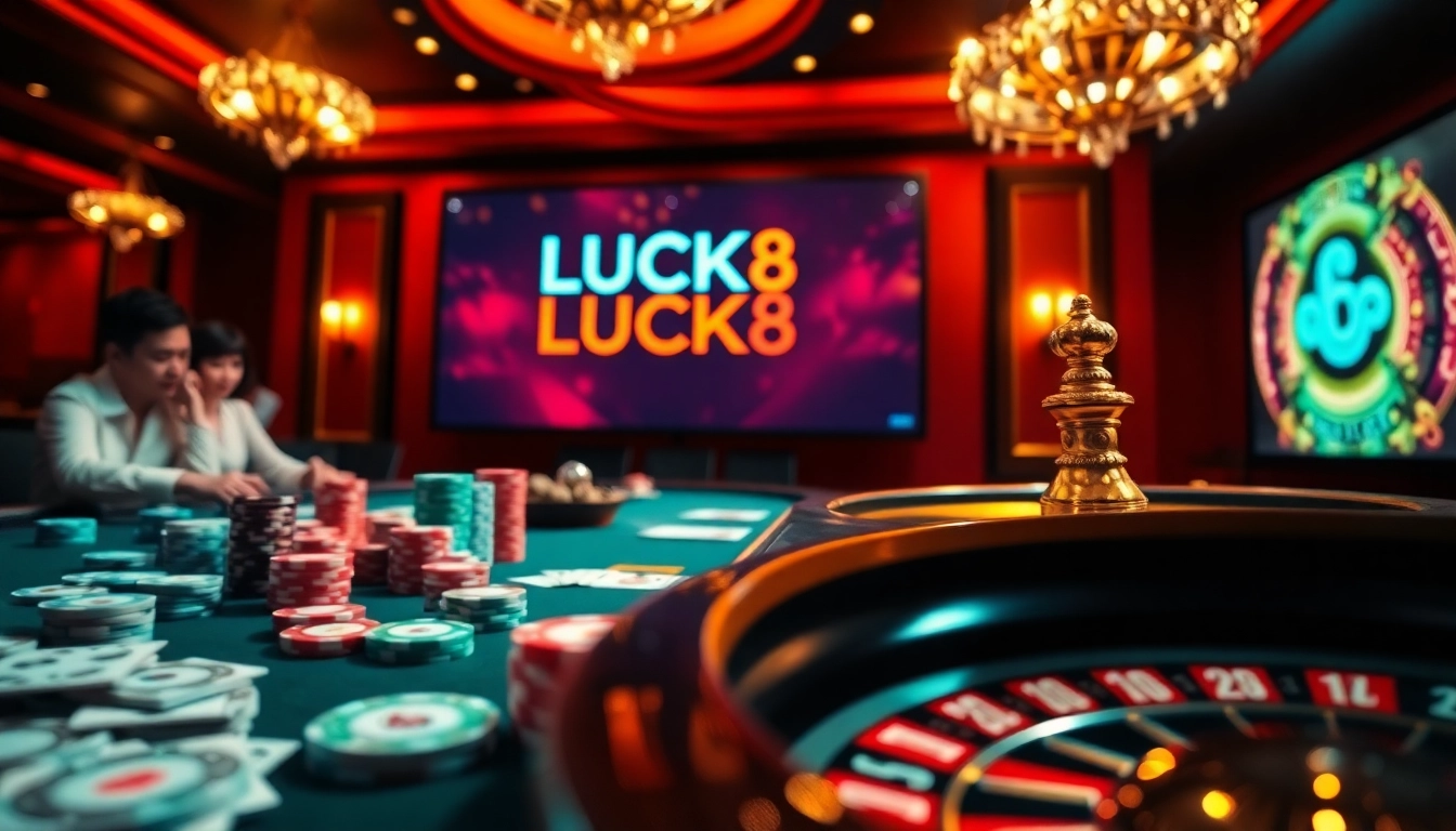 LUCK8 offers thrilling casino action with poker chips and a roulette wheel in a vibrant atmosphere.