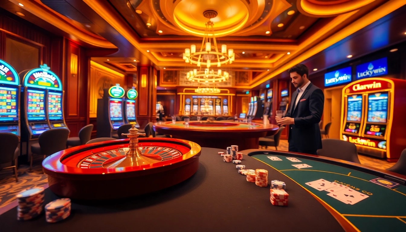 Experience thrilling gameplay with luckywin at this luxurious casino setting featuring poker, roulette, and slot machines.