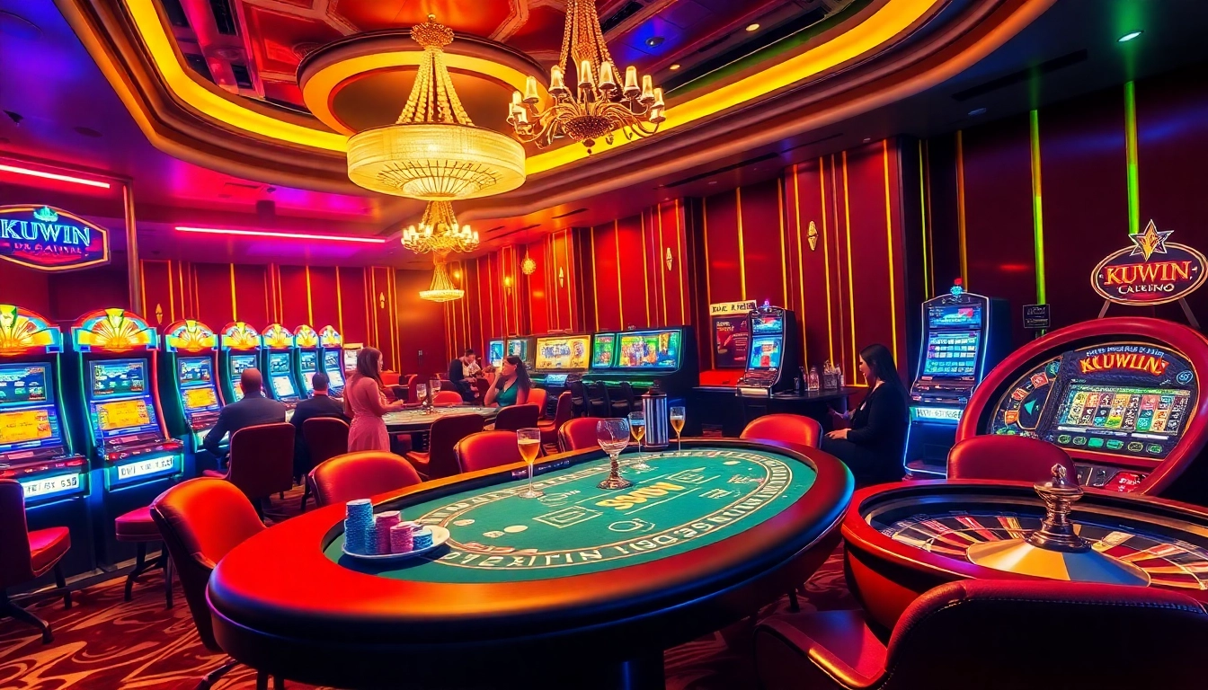 KUWIN casino scene showcasing a high-stakes poker table and vibrant slot machines, evokes thrilling gameplay.