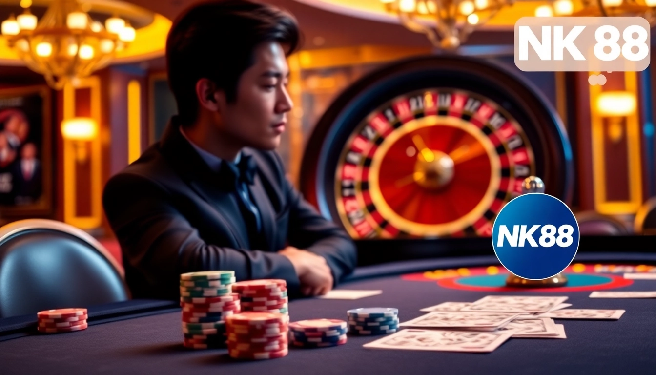 Experience the thrill of NK88 at a luxurious casino table with vibrant chips and cards.