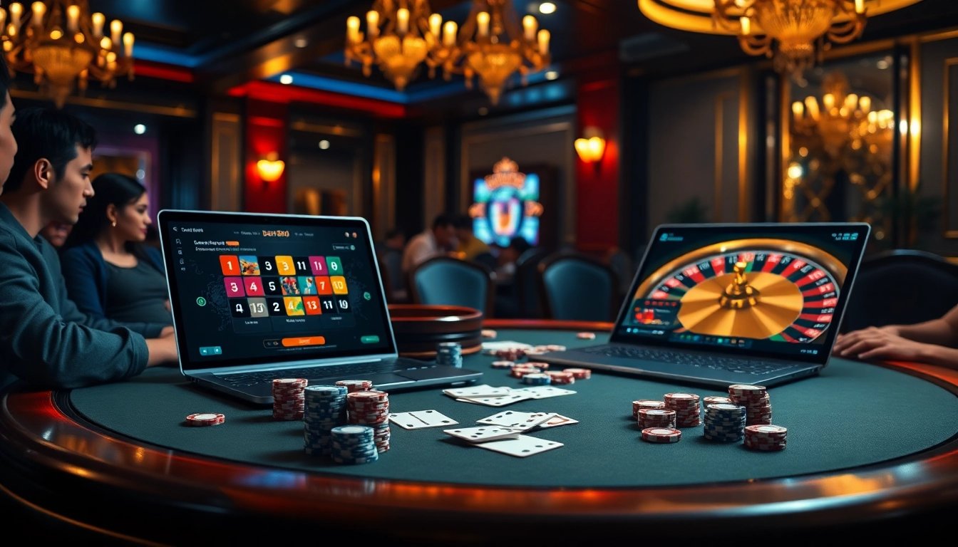 Players engage at a luxurious poker table with https://bem88.com online betting interface visible.