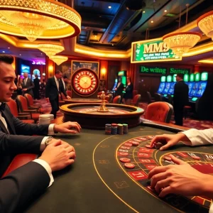 MM99 poker players enjoying an exciting game atmosphere in a luxurious casino setting.