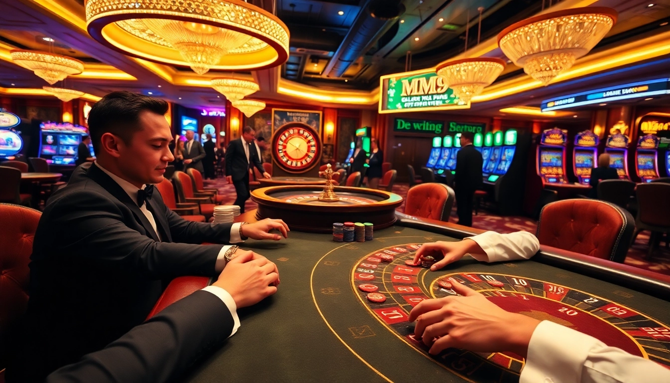 MM99 poker players enjoying an exciting game atmosphere in a luxurious casino setting.
