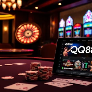 Experience high-stakes gaming at QQ88 with luxurious poker chips and vibrant roulette wheels.