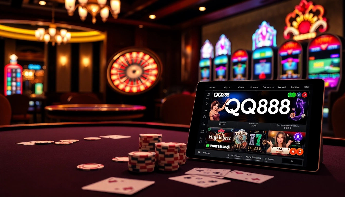 Experience high-stakes gaming at QQ88 with luxurious poker chips and vibrant roulette wheels.