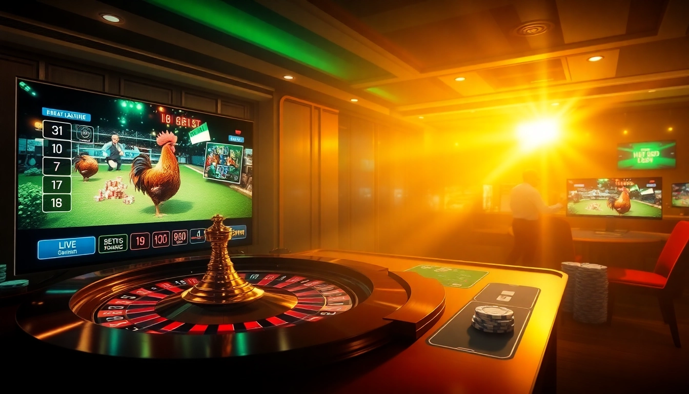 Engaging online gambling scene showcasing nhà cái Alo789 with dynamic betting options and live cockfight streaming.