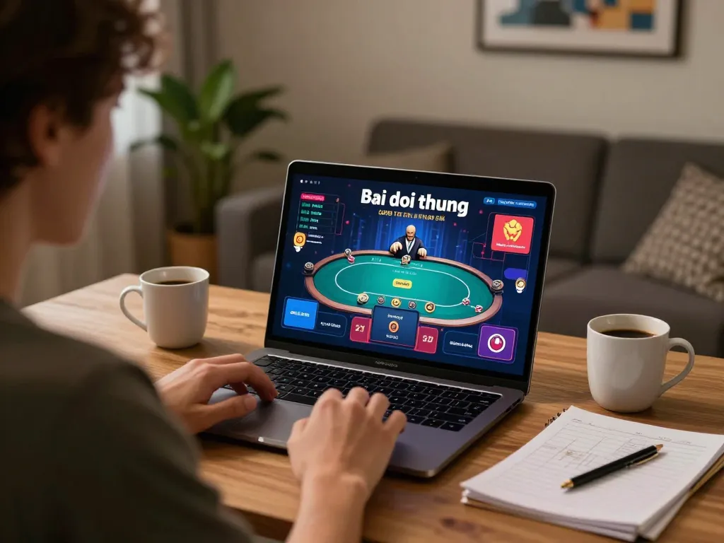 Player actively engaging in game bai doi thuong online, focusing on strategy in a cozy home setting