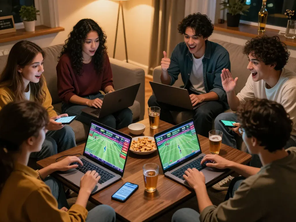 Friends engaging in sports betting on luongsontv with laptops and smartphones in a warm home setting.