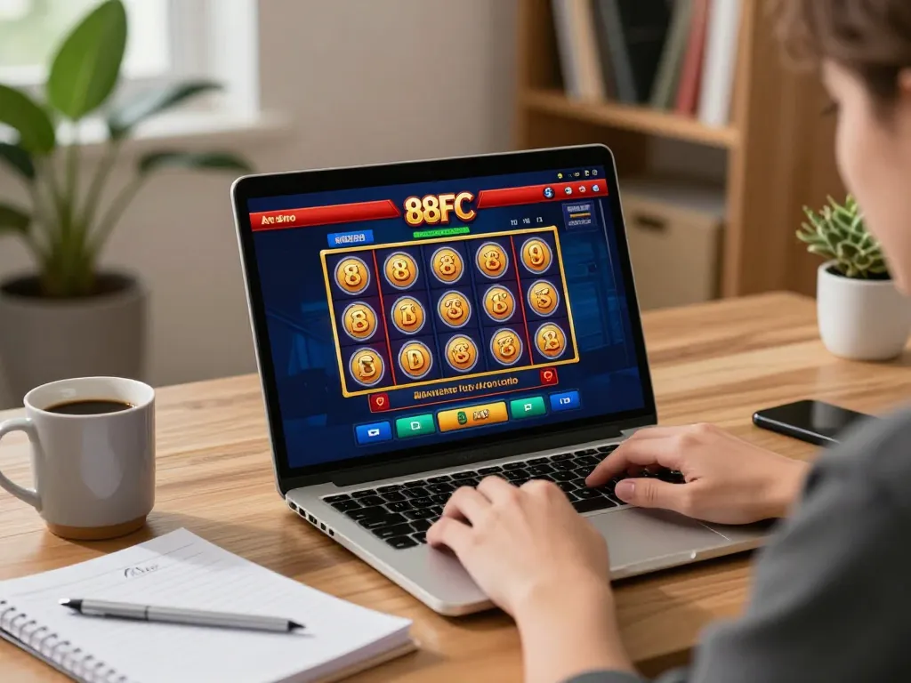 Engaging with 88FC online casino games on a laptop, showcasing strategic gameplay in a cozy home setting.