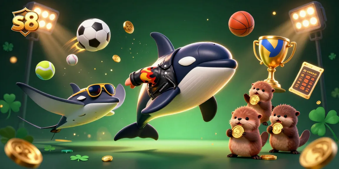 S8 casino features a vibrant scene with an orca whale, stingray, and sea otters engaging with golden coins in a dynamic gambling atmosphere.