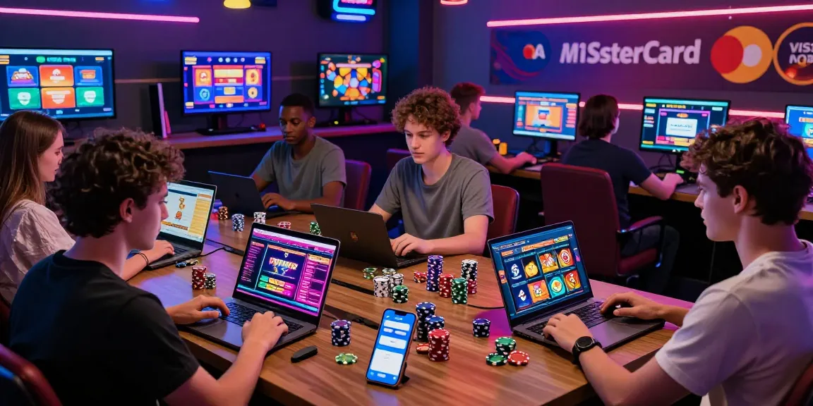 Exciting gaming scene showcasing players engaging with credit card casino sites on various devices, emphasizing vibrant user interfaces and promotions.