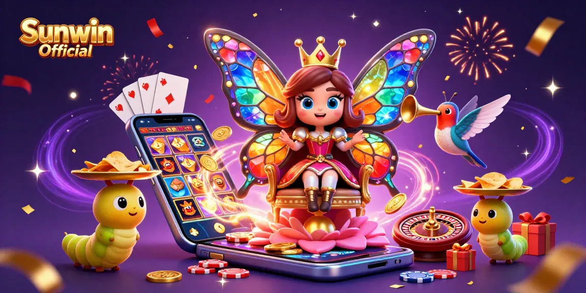 Experience excitement at Sunwin Official with stunning casino-themed 3D illustration featuring games and vibrant characters.