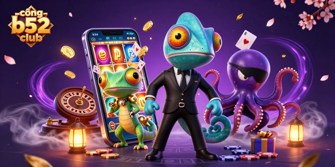 Experience the thrilling cổng b52 club with 3D illustrations of vibrant games, dynamic characters, and exciting casino elements.