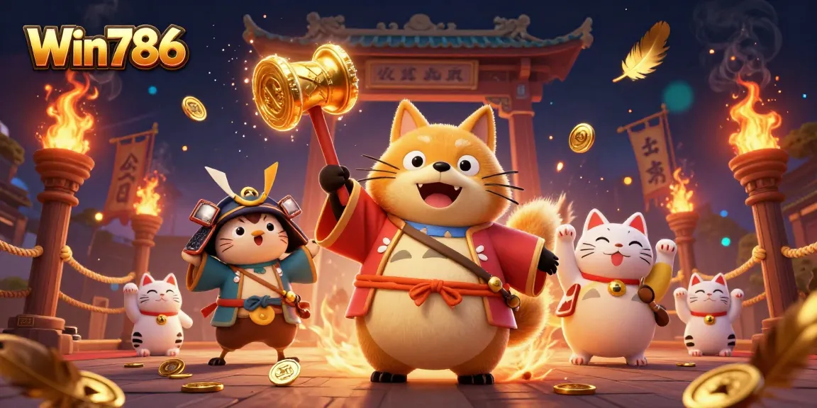 Win786 players enjoy vibrant gaming scene with maneki-neko fortune cats and dynamic elements.
