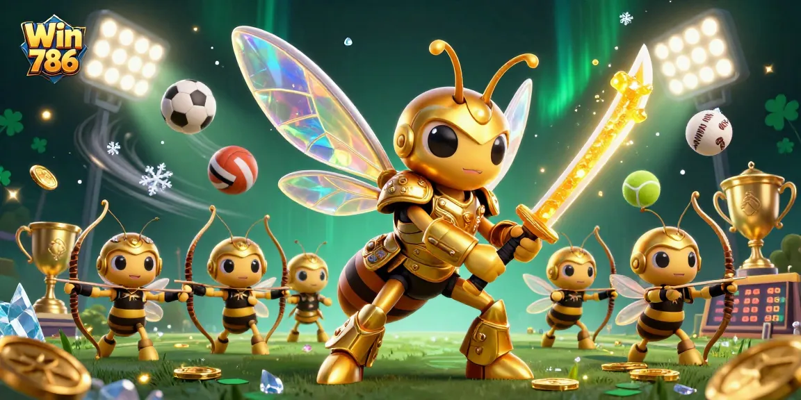 Join the action at Win 786 Casino with dynamic sports and gaming elements flying in vibrant 3D.
