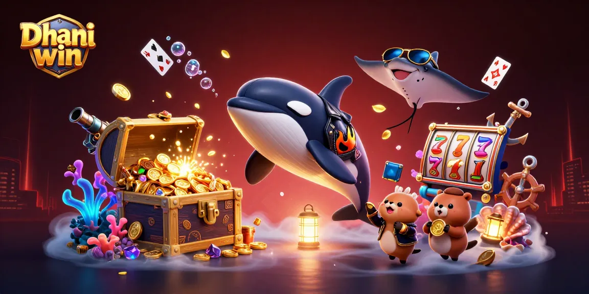 Dive into the thrill of the Dhani win experience with cartoon characters amidst casino action and golden treasures