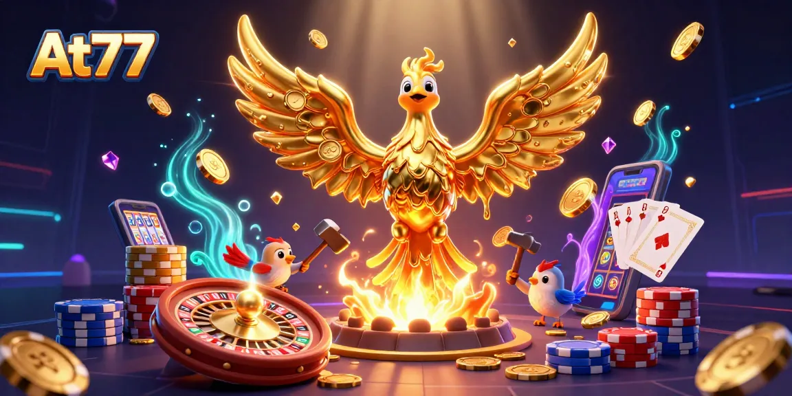 Experience the thrill of winning at At77 with a golden phoenix and captivating 3D casino elements.