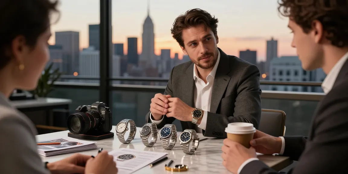 Elegant display of super clone watches on a marble table with a stylish enthusiast, showcasing luxury and sophistication.