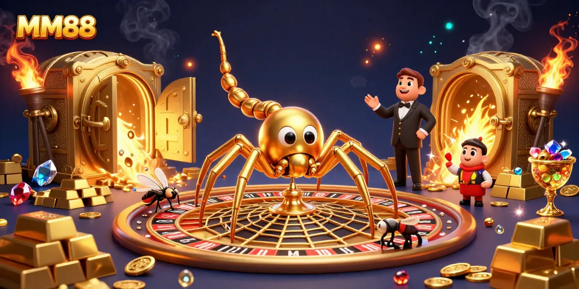 MM88's golden spider spins a roulette wheel web, creating a vibrant casino atmosphere.