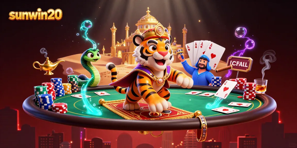 Experience the thrill of gaming with sunwin20 featuring an Arabian tiger and vibrant casino elements.